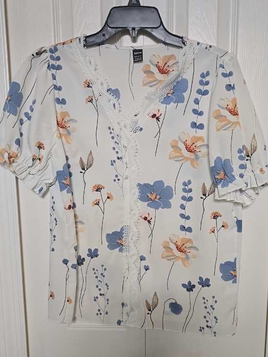 SHEIN Tops - SHEIN White Floral Lace-Trim V-Neck Blouse with Blue and Peach Accents (NWOT)